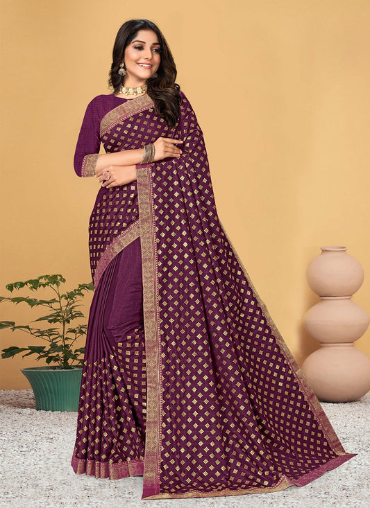 Traditional Saree Vichitra Silk Purple Lace Saree