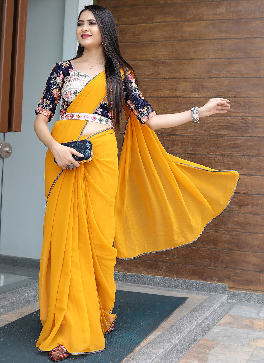 Traditional Saree Georgette Mustard Embroidered Saree