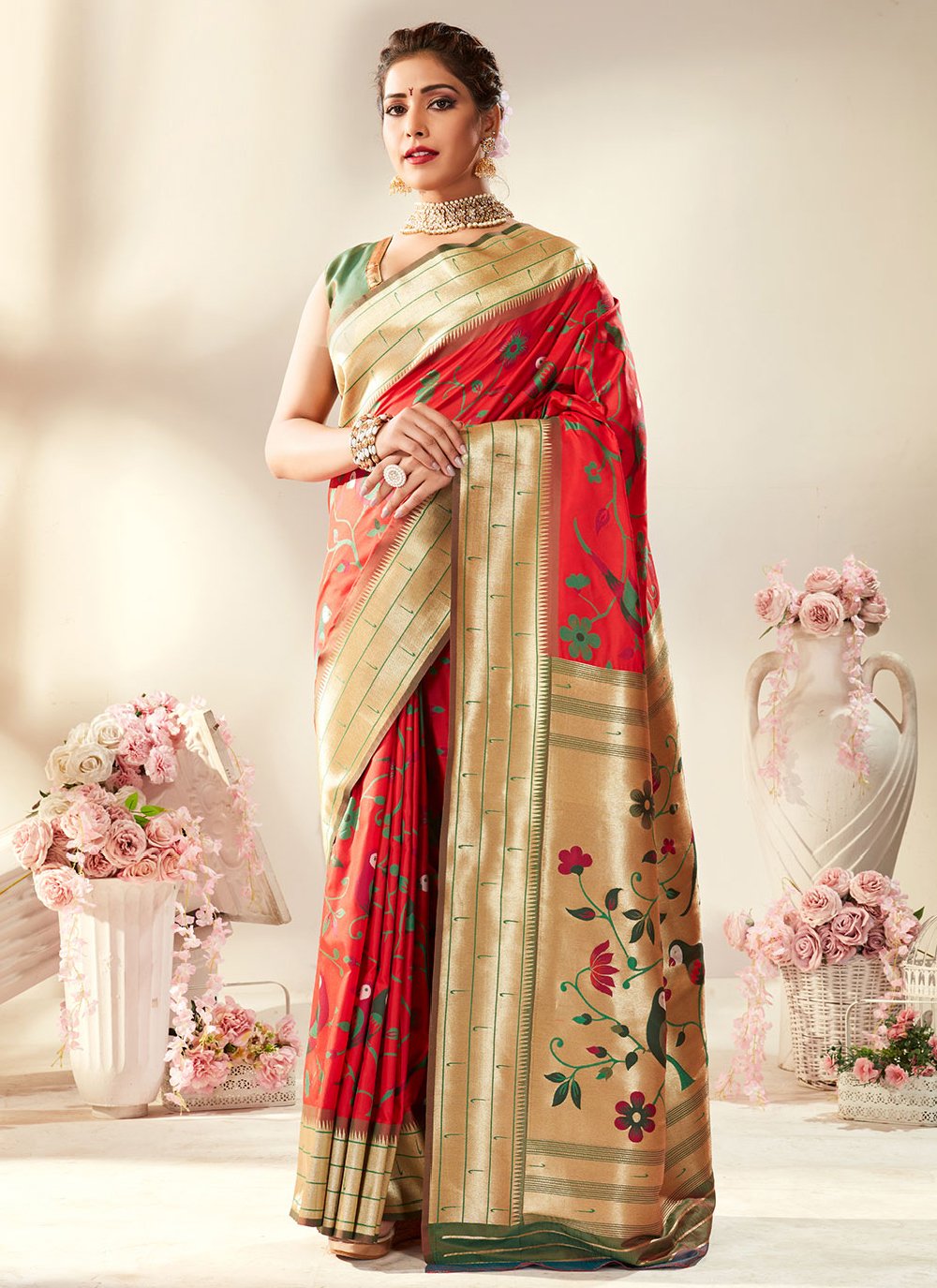 Traditional Saree Pure Silk Gold Red Meenakari Saree