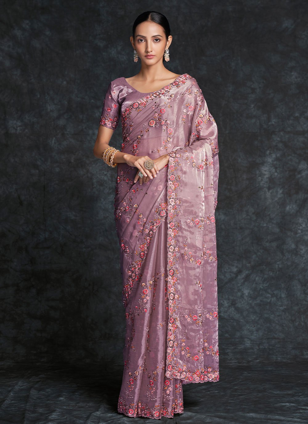 Traditional Saree Organza Lavender Embroidered Saree