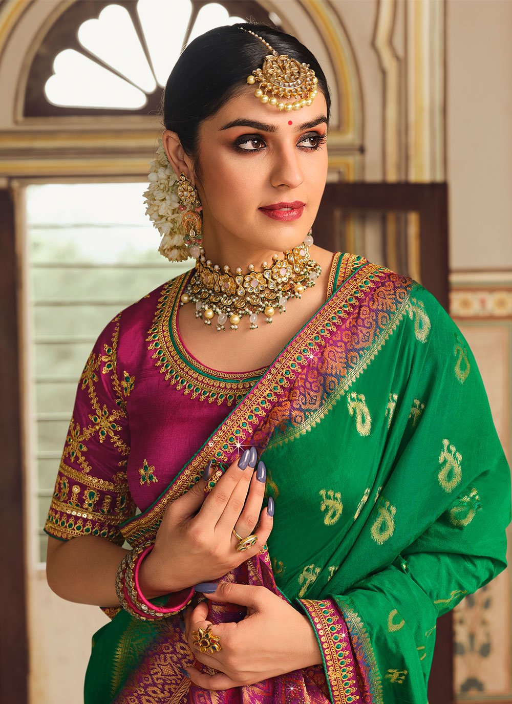 Traditional Saree Fancy Fabric Green Embroidered Saree