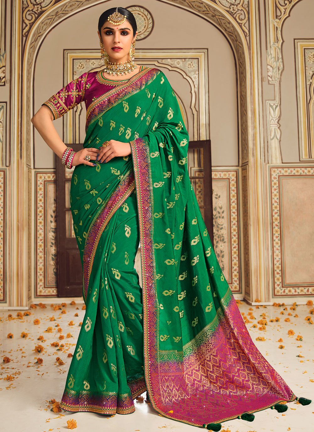 Traditional Saree Fancy Fabric Green Embroidered Saree