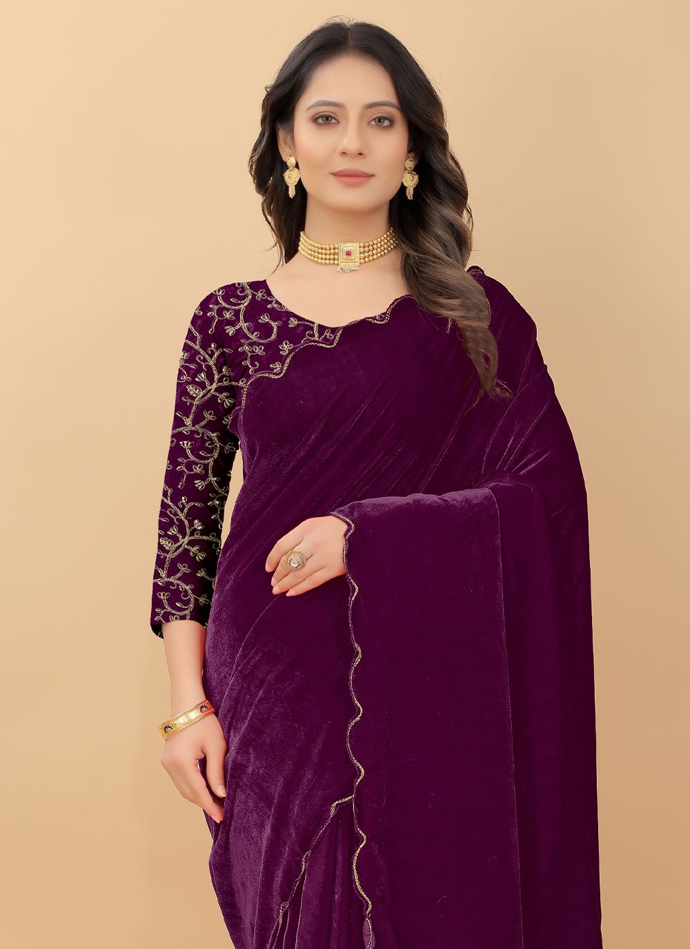 Traditional Saree Velvet Purple Embroidered Saree