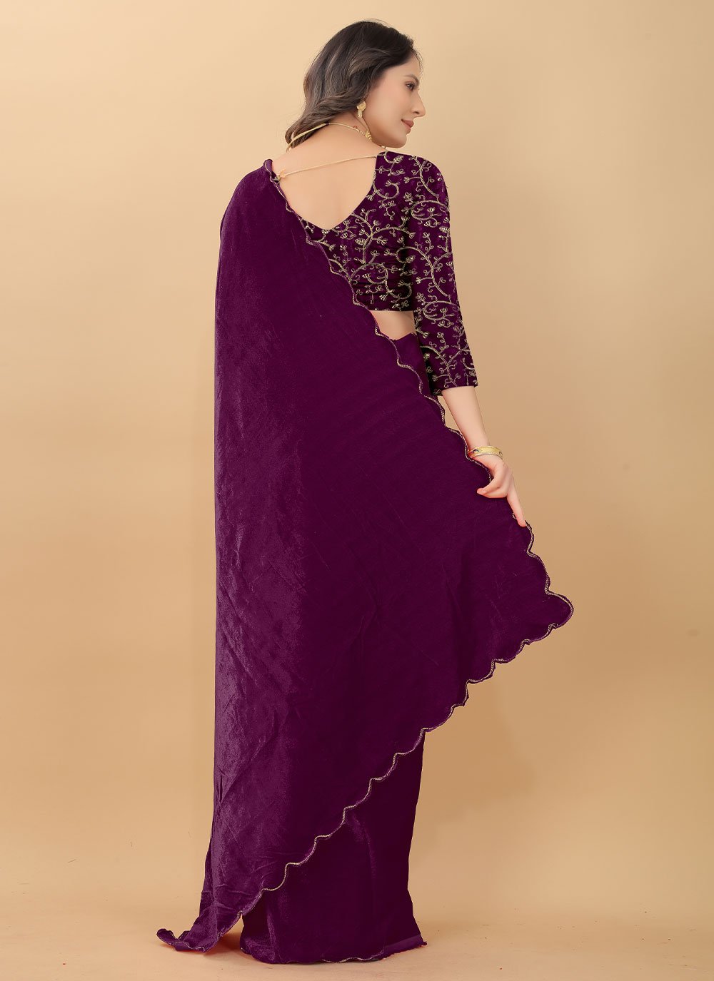 Traditional Saree Velvet Purple Embroidered Saree