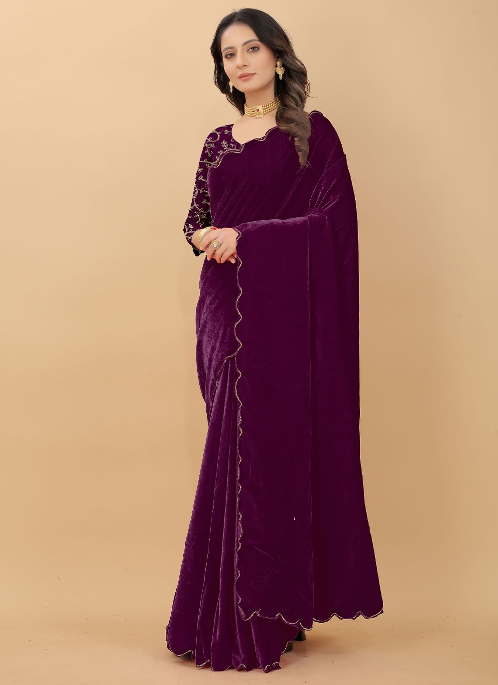 Traditional Saree Velvet Purple Embroidered Saree