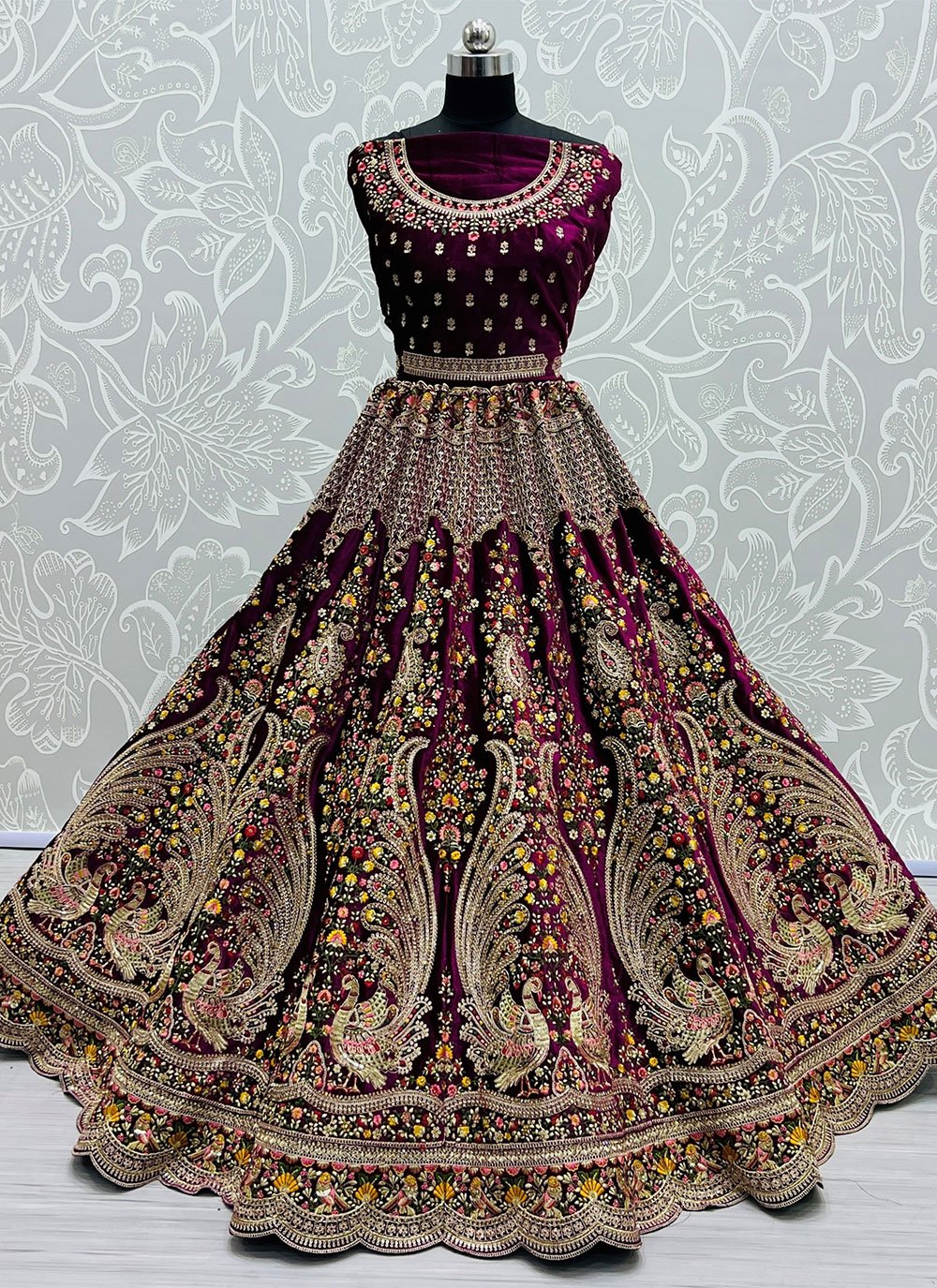 Lehenga Choli Velvet Wine Booti Lehenga Choli