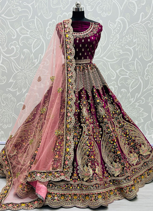 Lehenga Choli Velvet Wine Booti Lehenga Choli