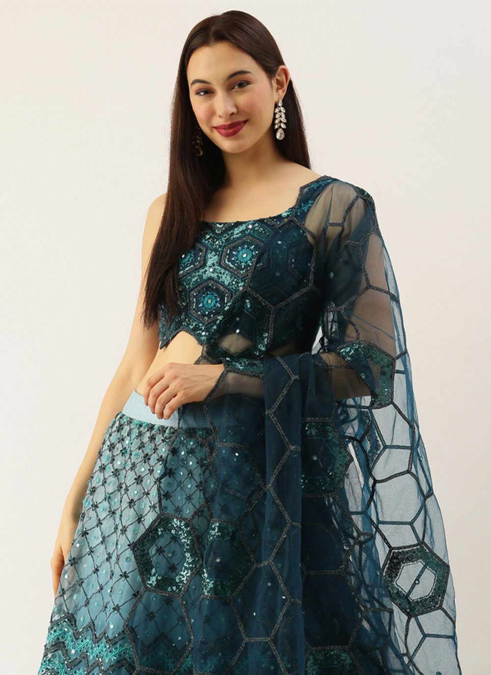 Lehenga Choli Net Blue Teal Embroidered Lehenga Choli