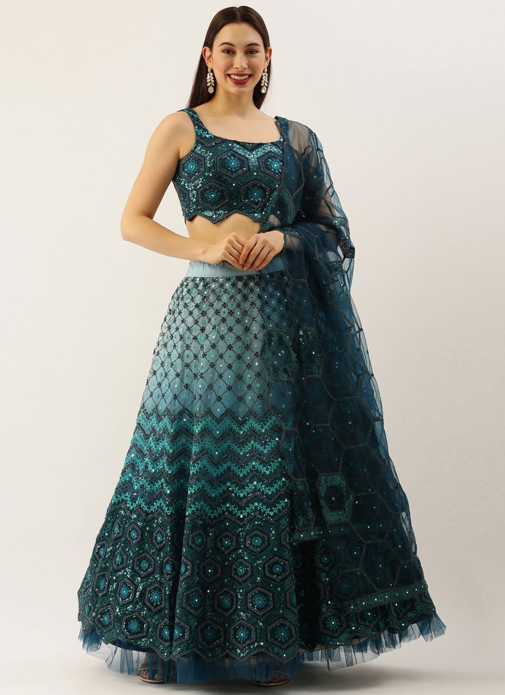 Lehenga Choli Net Blue Teal Embroidered Lehenga Choli