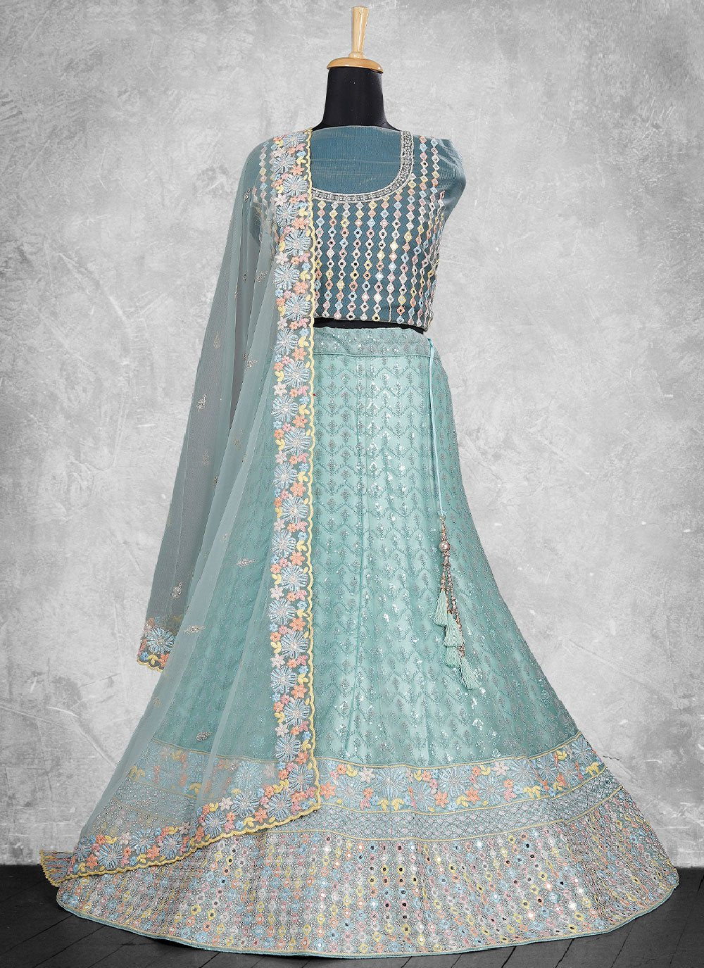 Lehenga Choli Net Satin Silk Turquoise Embroidered Lehenga Choli