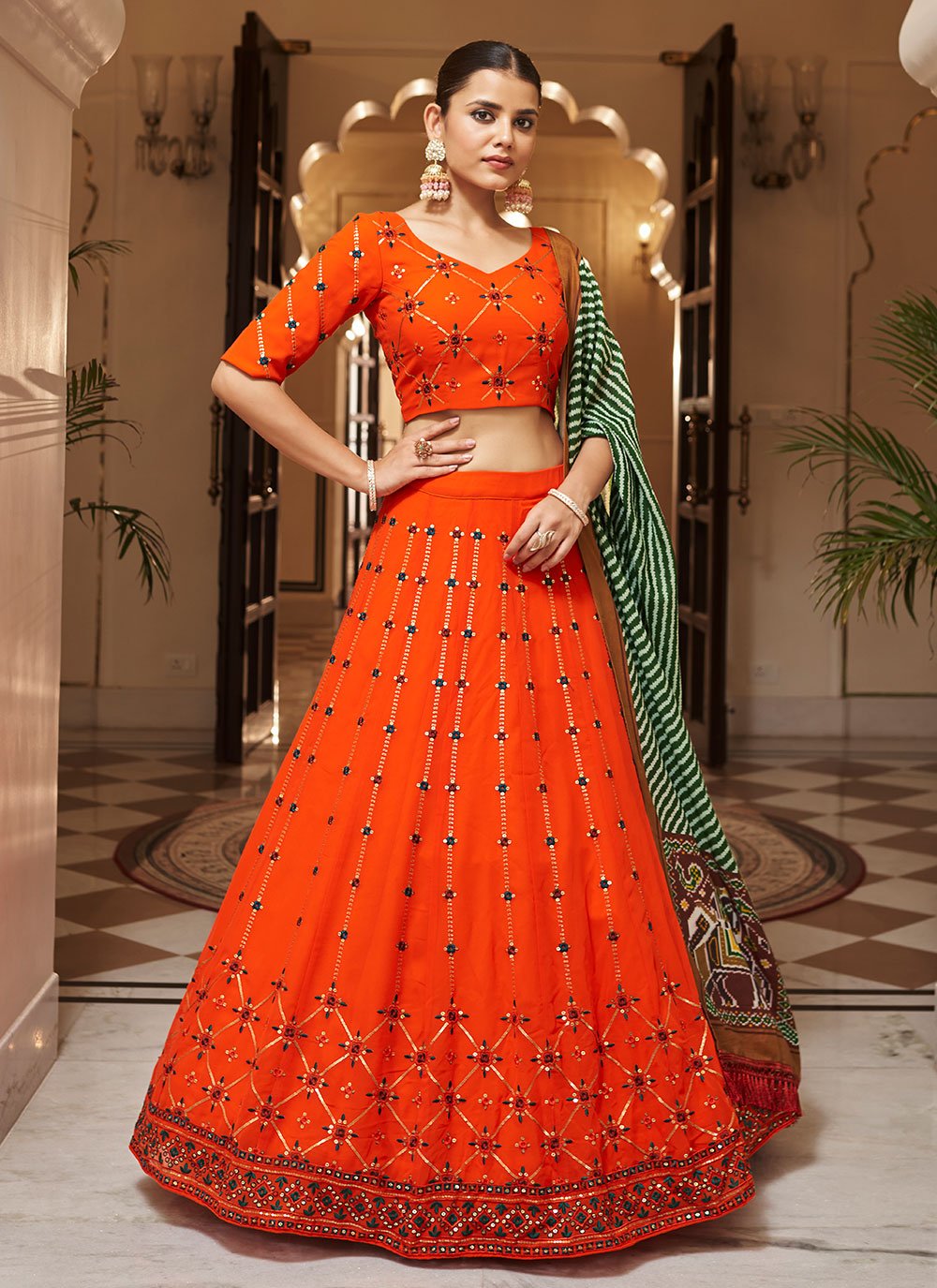 Lehenga Choli Georgette Orange Embroidered Lehenga Choli