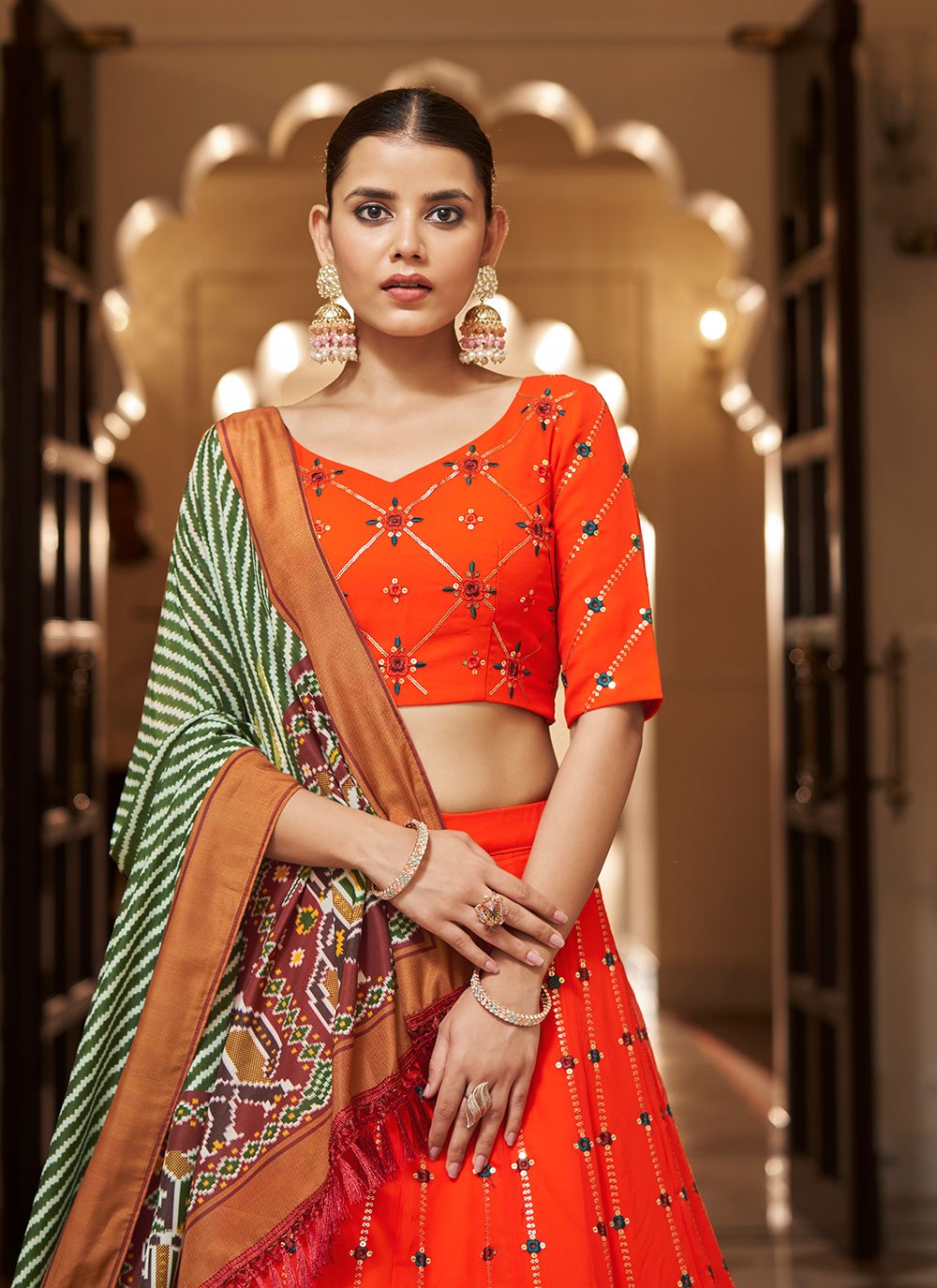 Lehenga Choli Georgette Orange Embroidered Lehenga Choli