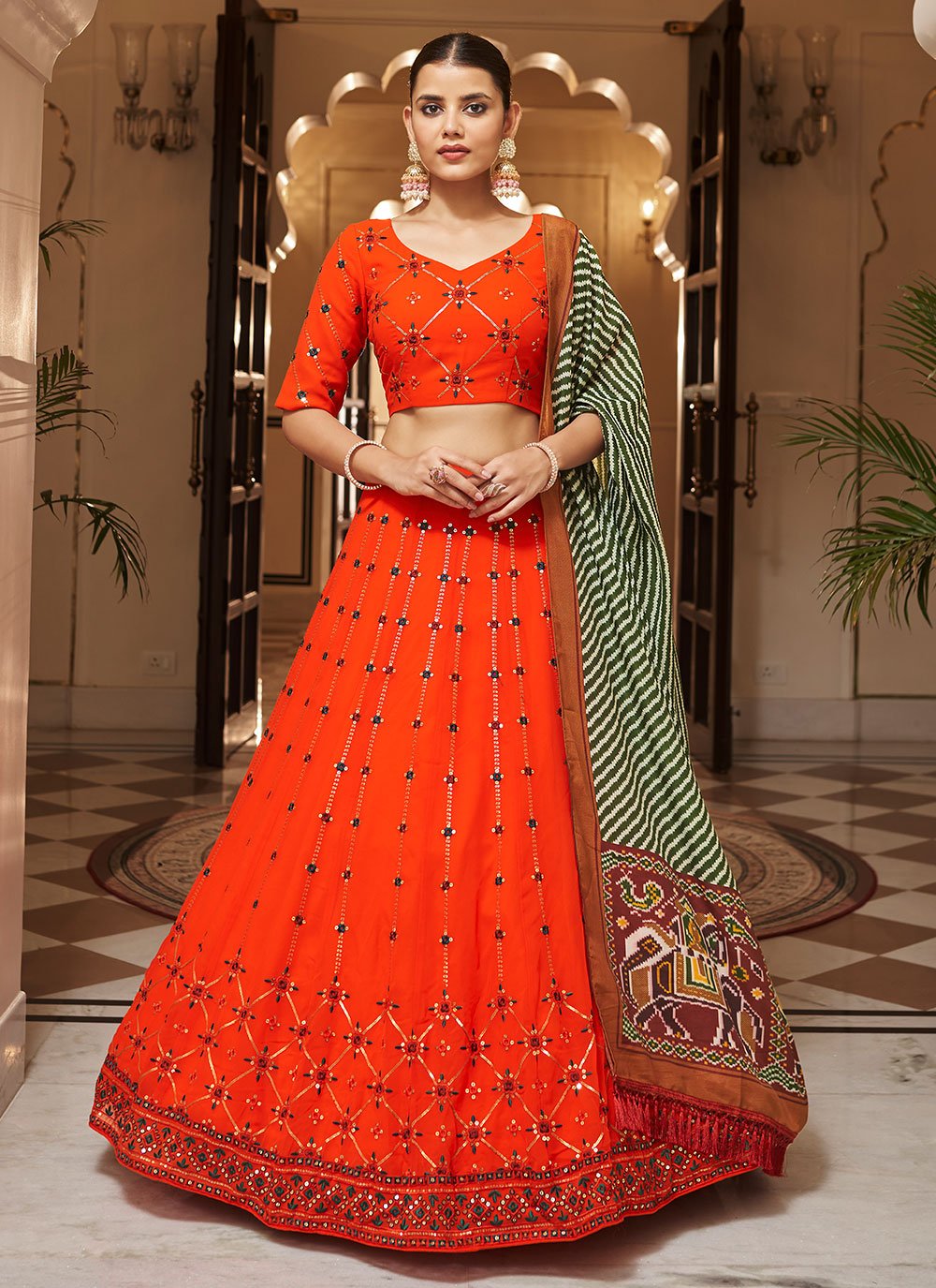 Lehenga Choli Georgette Orange Embroidered Lehenga Choli