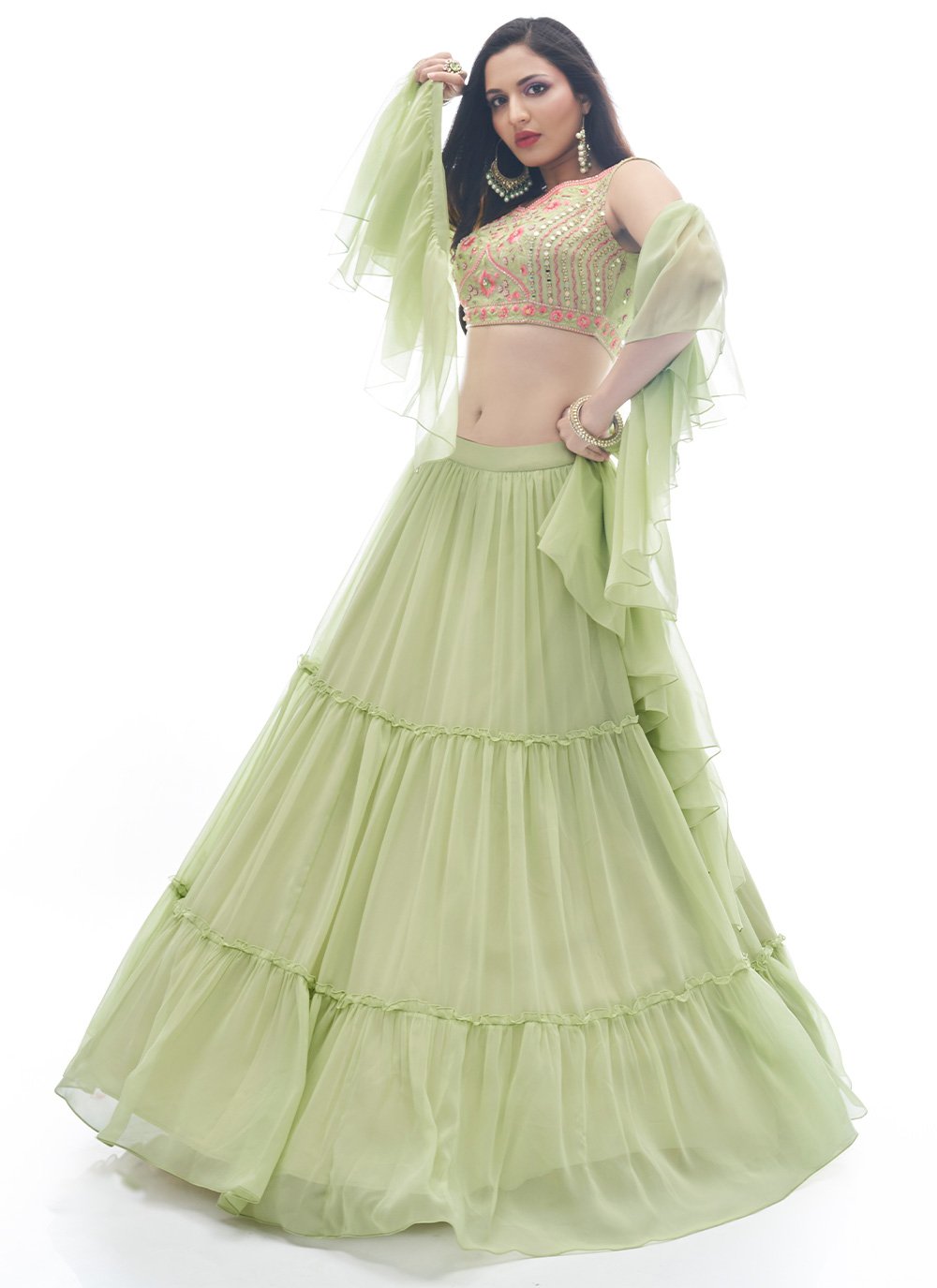 Lehenga Choli Georgette Green Plain Lehenga Choli