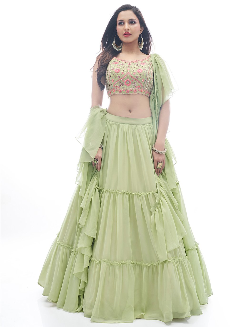 Lehenga Choli Georgette Green Plain Lehenga Choli