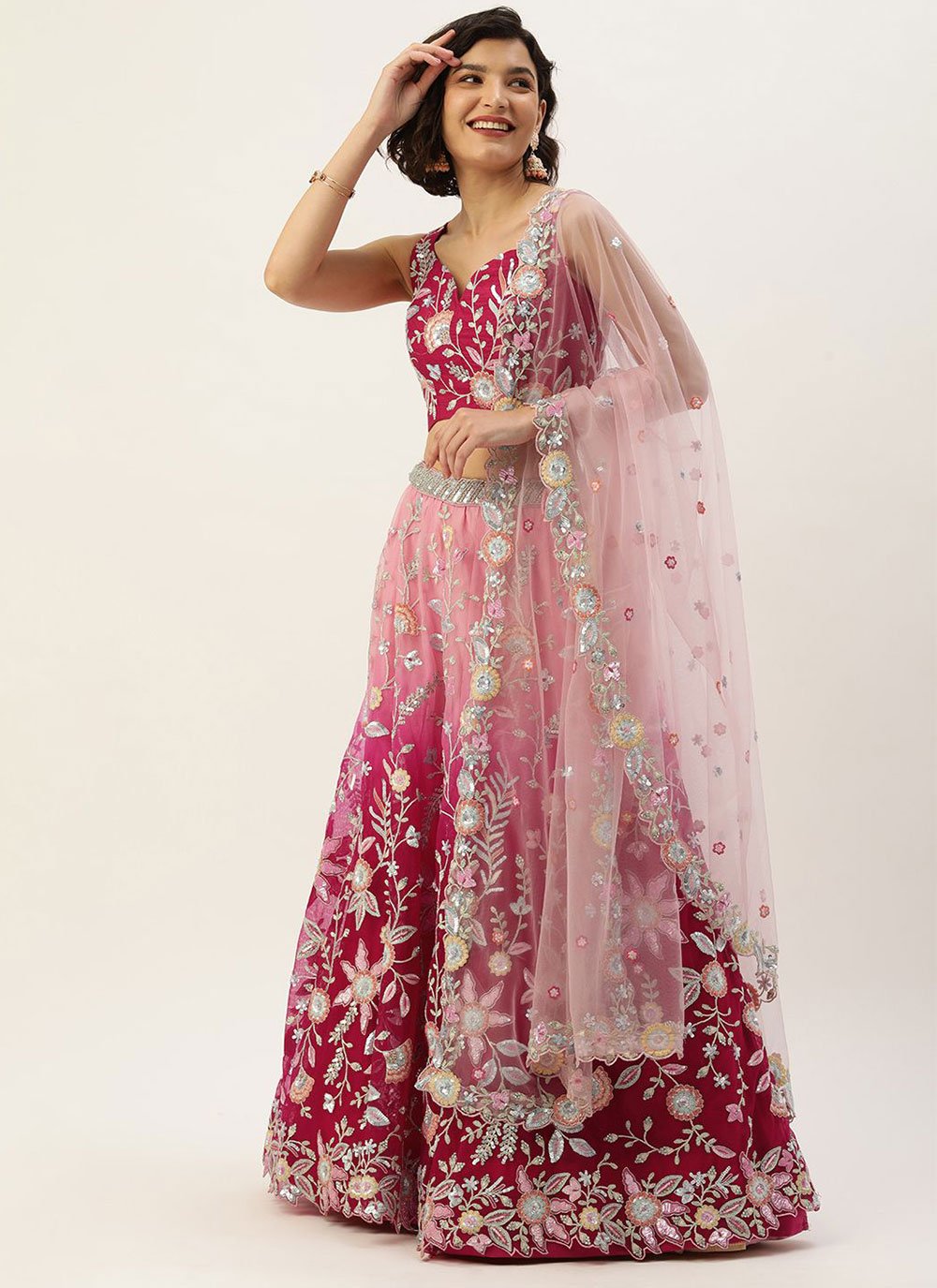 Lehenga Choli Silk Hot Pink Pink Embroidered Lehenga Choli