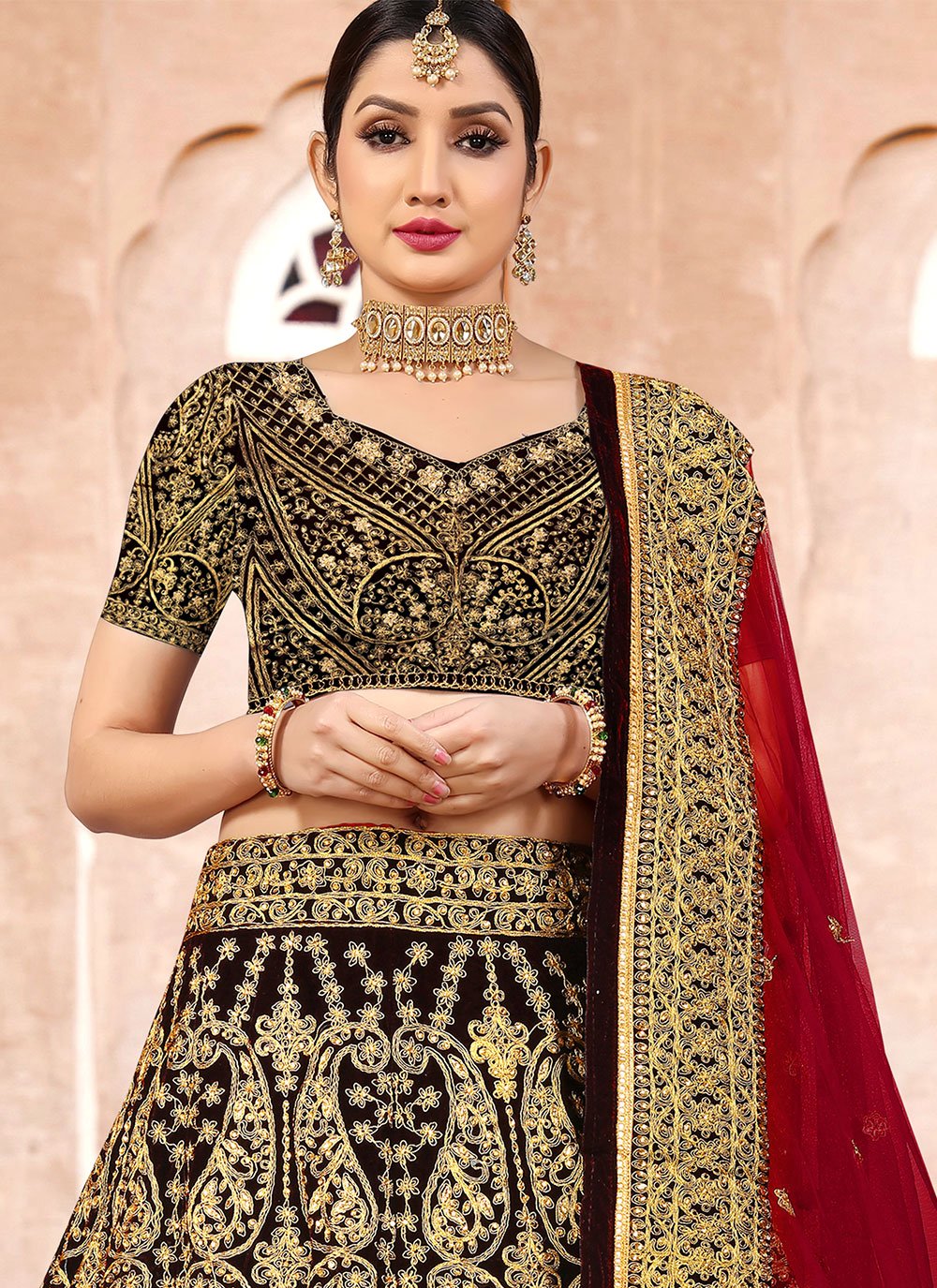 Lehenga Choli Velvet Brown Embroidered Lehenga Choli