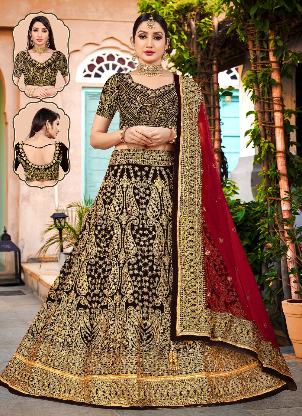 Lehenga Choli Velvet Brown Embroidered Lehenga Choli