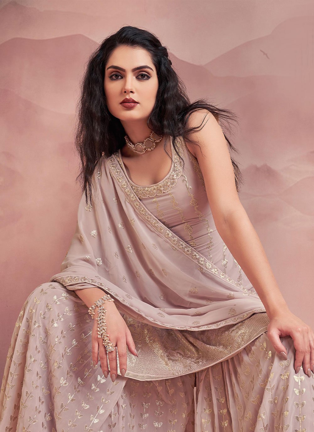 Salwar Suit Georgette Peach Sequins Salwar Kameez