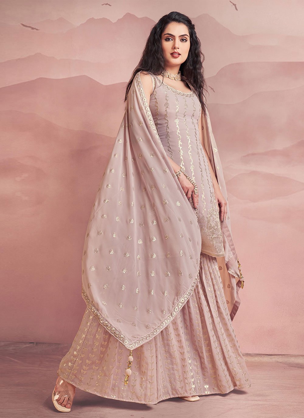 Salwar Suit Georgette Peach Sequins Salwar Kameez