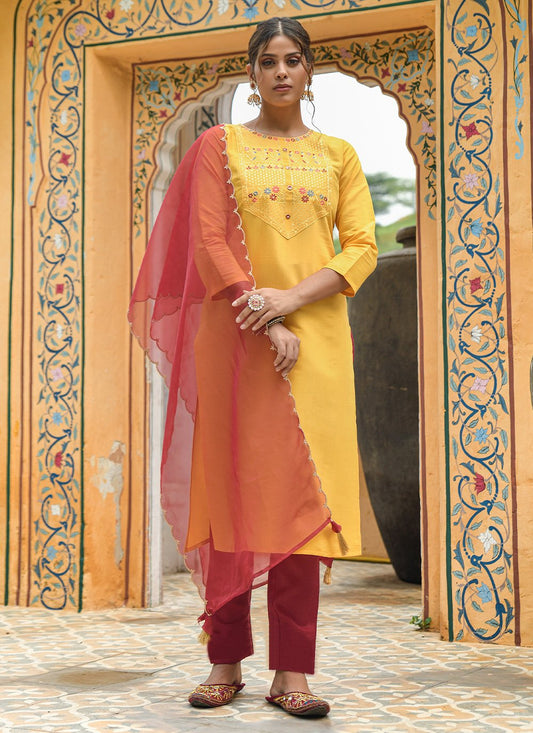 Salwar Suit Cotton Muslin Yellow Embroidered Salwar Kameez
