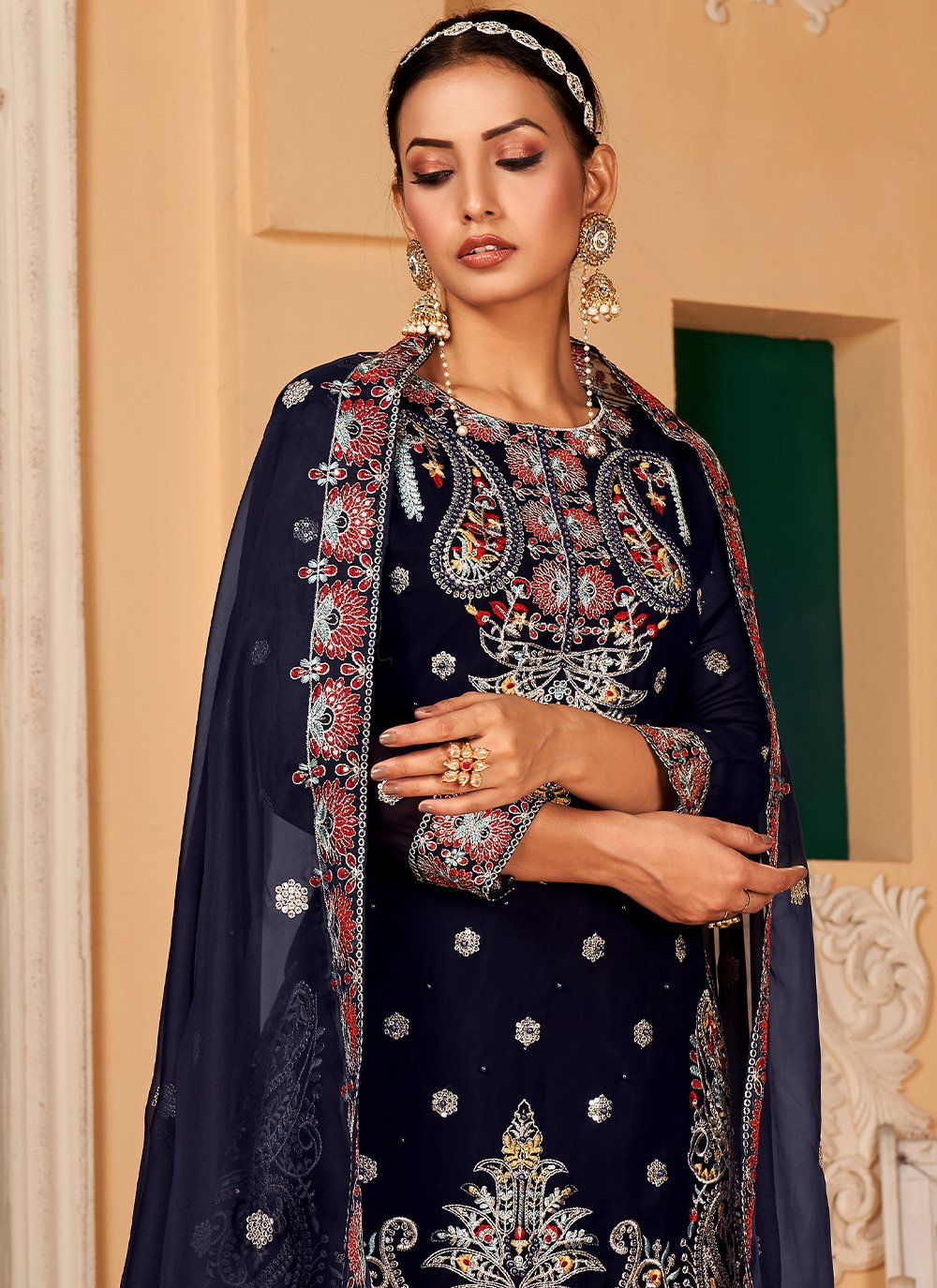 Salwar Suit Faux Georgette Blue Embroidered Salwar Kameez