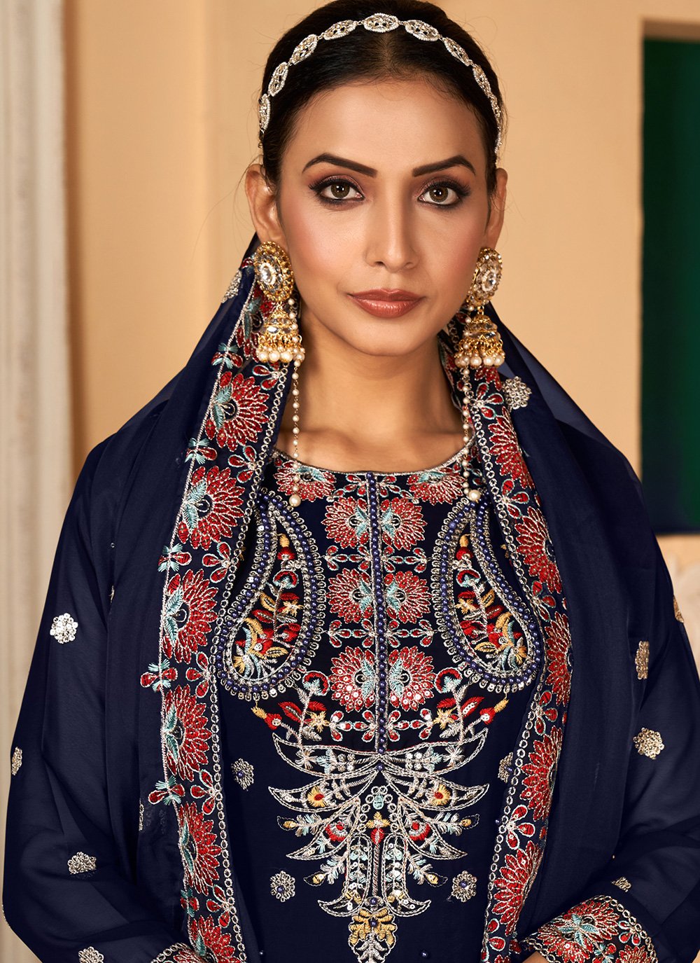 Salwar Suit Faux Georgette Blue Embroidered Salwar Kameez