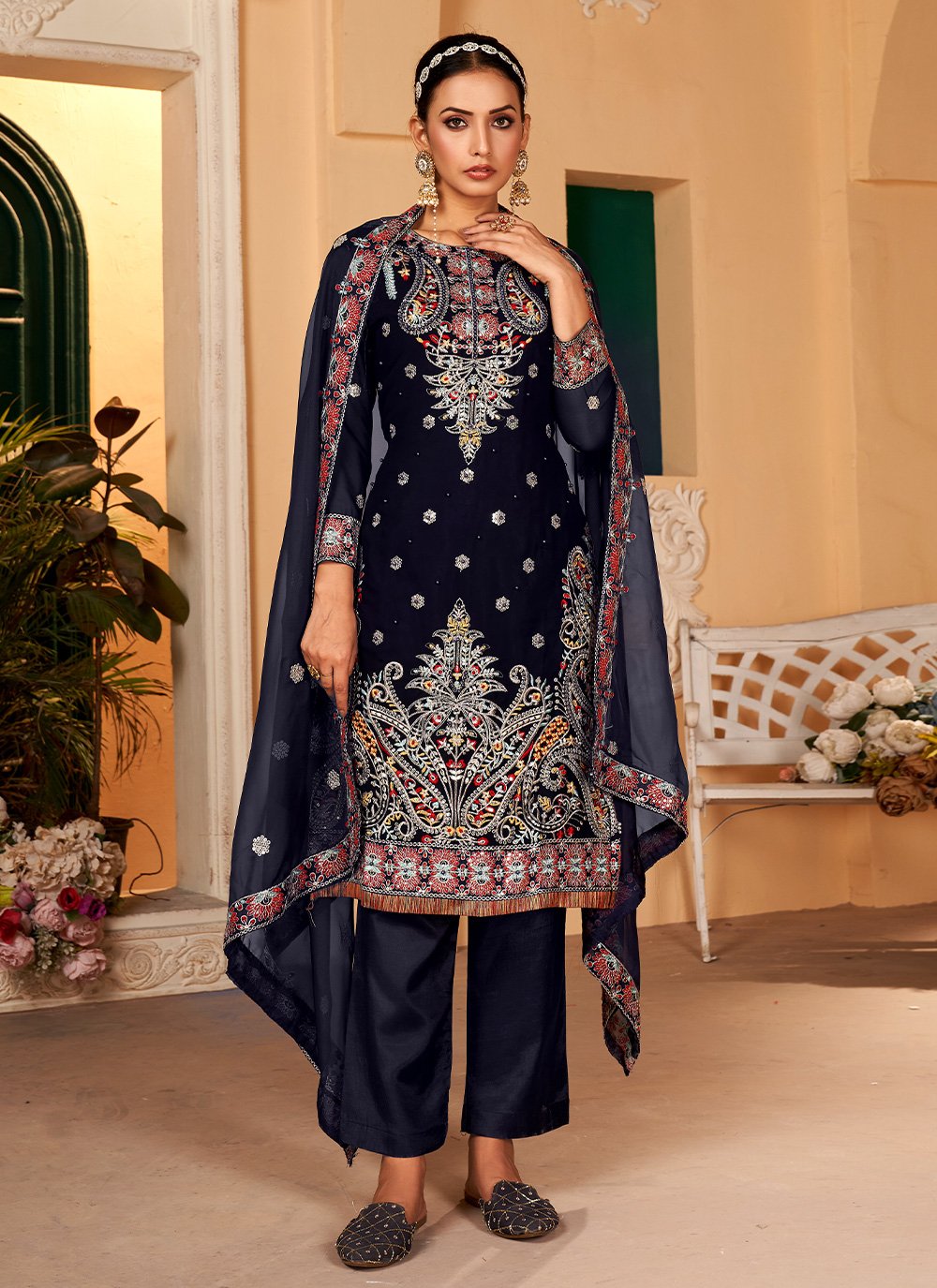 Salwar Suit Faux Georgette Blue Embroidered Salwar Kameez