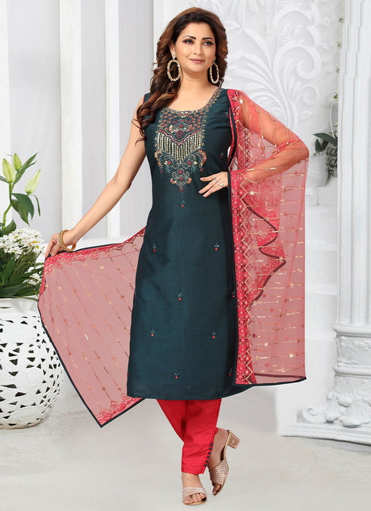 Salwar Suit Art Silk Teal Embroidered Salwar Kameez