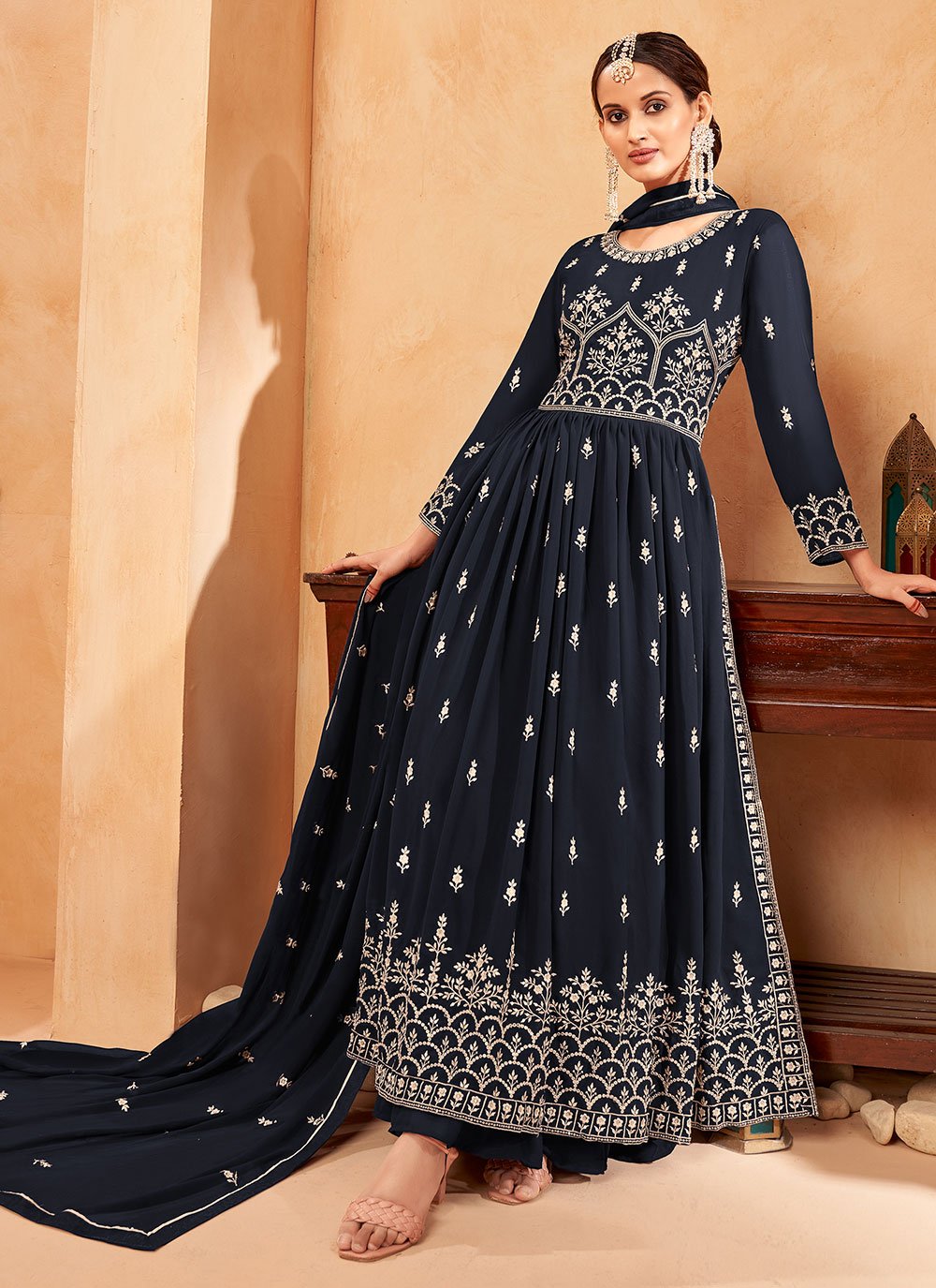 Salwar Suit Faux Georgette Blue Embroidered Salwar Kameez