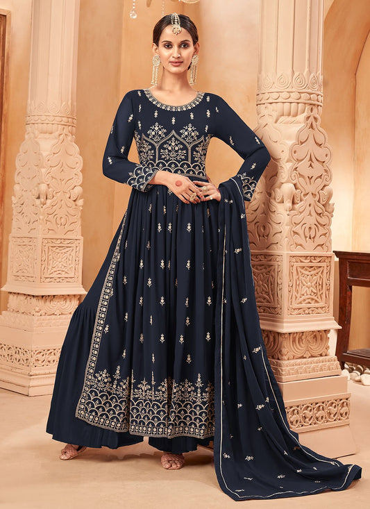 Salwar Suit Faux Georgette Blue Embroidered Salwar Kameez