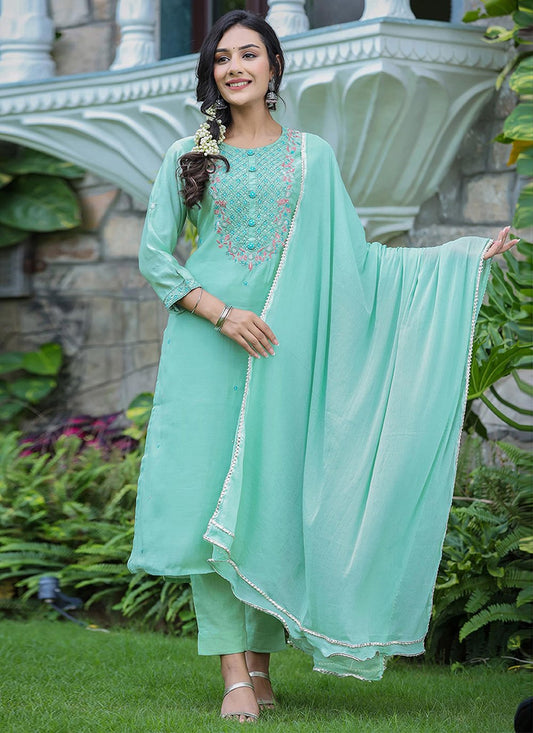 Salwar Suit Silk Sea Green Embroidered Salwar Kameez