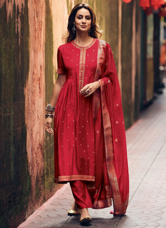 Salwar Suit Muslin Red Embroidered Salwar Kameez