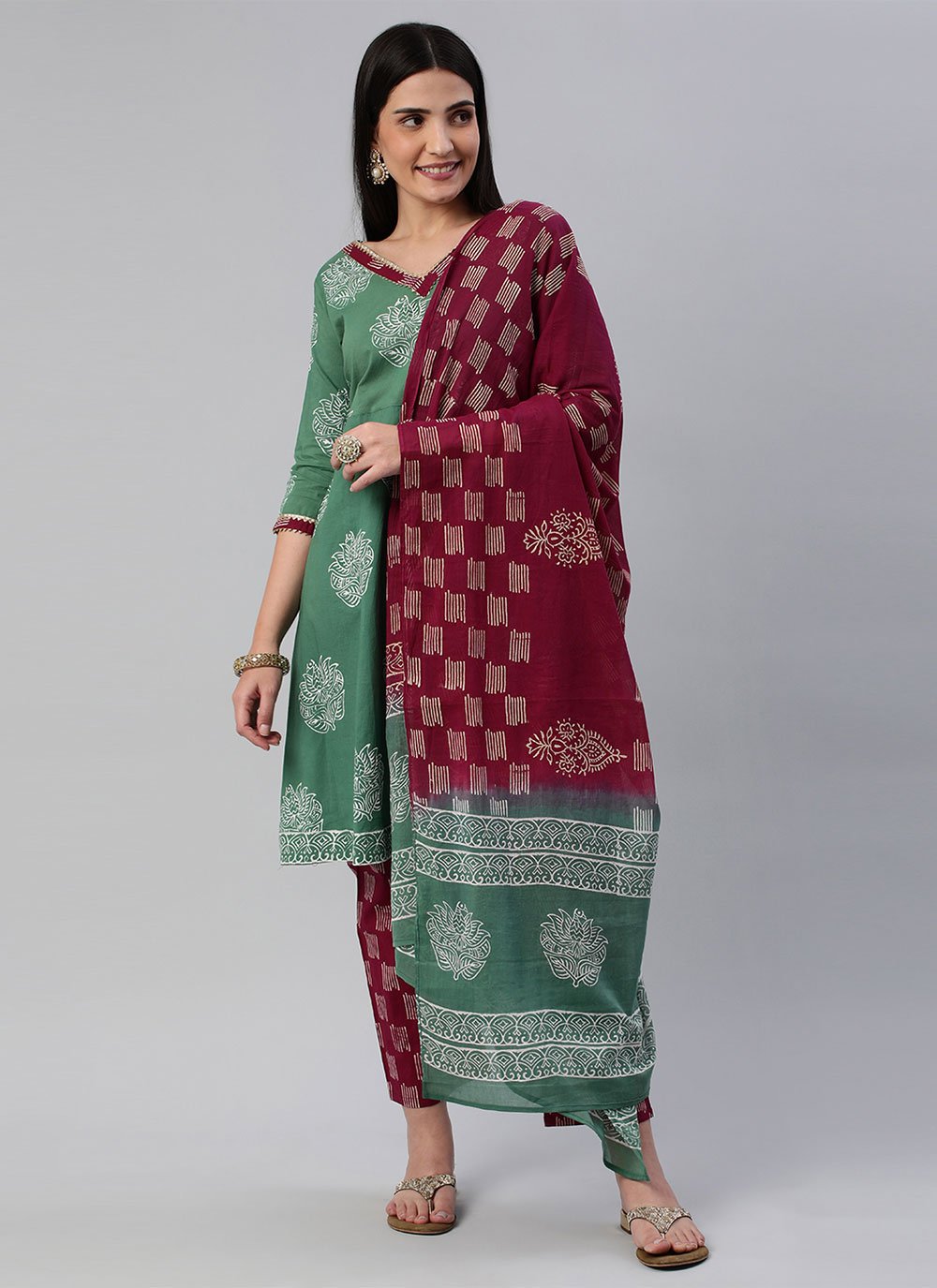 Salwar Suit Cotton Green Magenta Block Print Salwar Kameez