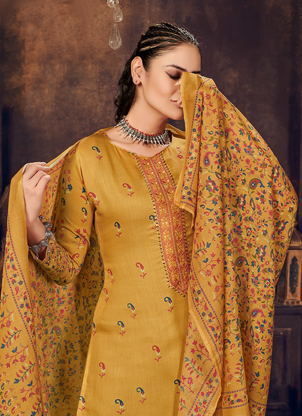 Salwar Suit Cotton Muslin Mustard Digital Print Salwar Kameez