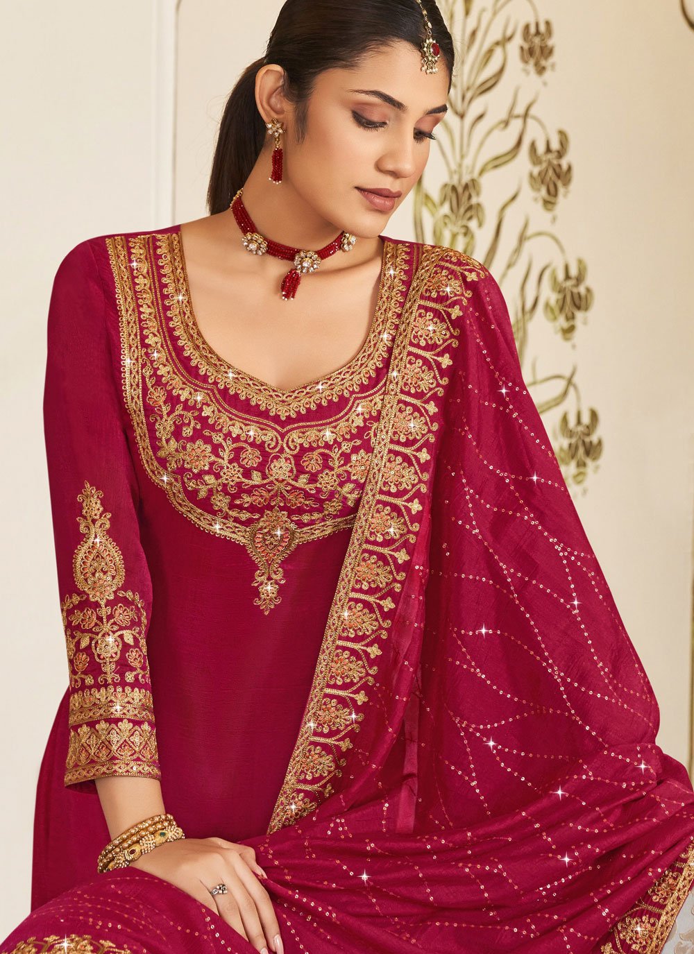 Salwar Suit Vichitra Silk Maroon Embroidered Salwar Kameez