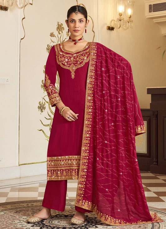 Salwar Suit Vichitra Silk Maroon Embroidered Salwar Kameez