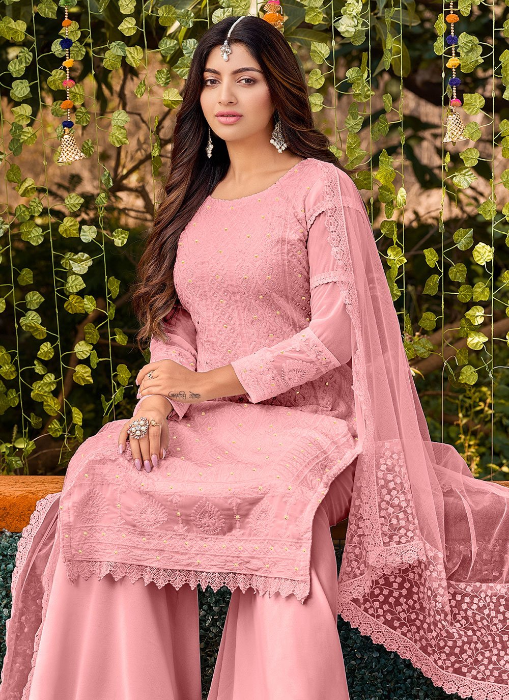 Salwar Suit Cotton Faux Georgette Pink Embroidered Salwar Kameez