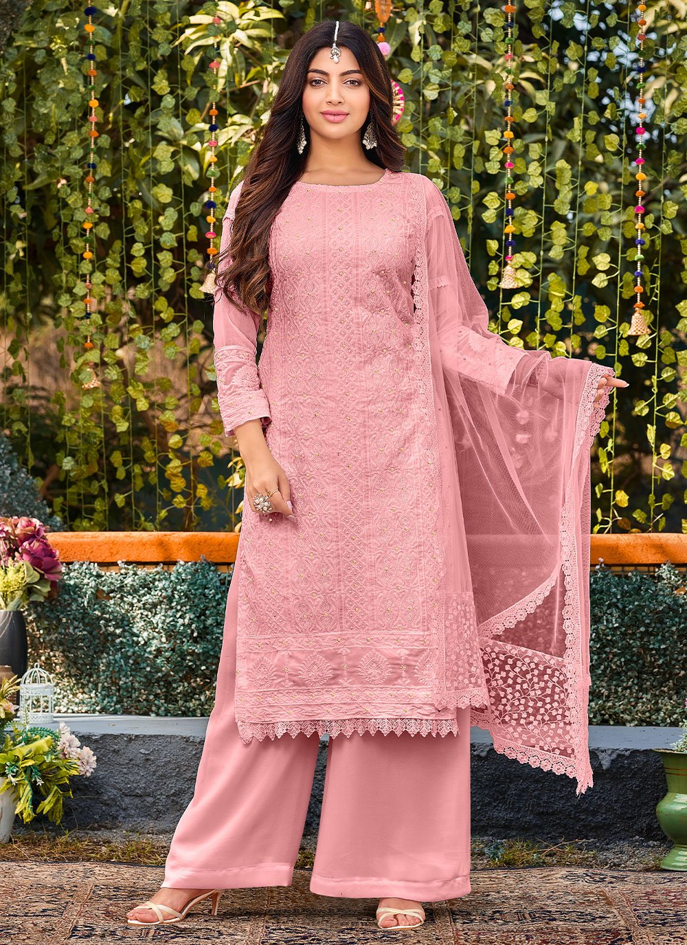 Salwar Suit Cotton Faux Georgette Pink Embroidered Salwar Kameez