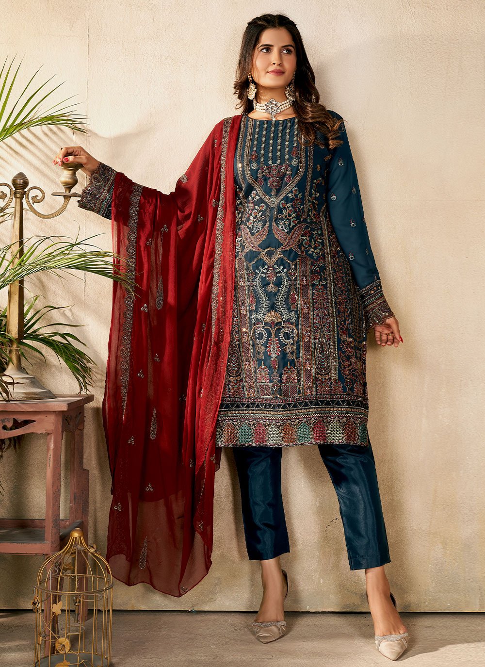 Trendy Suit Georgette Teal Embroidered Salwar Kameez