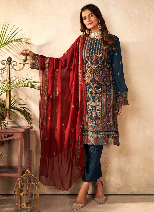 Trendy Suit Georgette Teal Embroidered Salwar Kameez