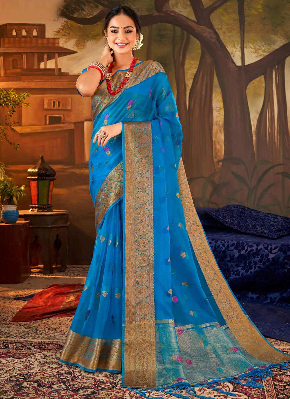 Trendy Saree Organza Silk Aqua Blue Booti Saree