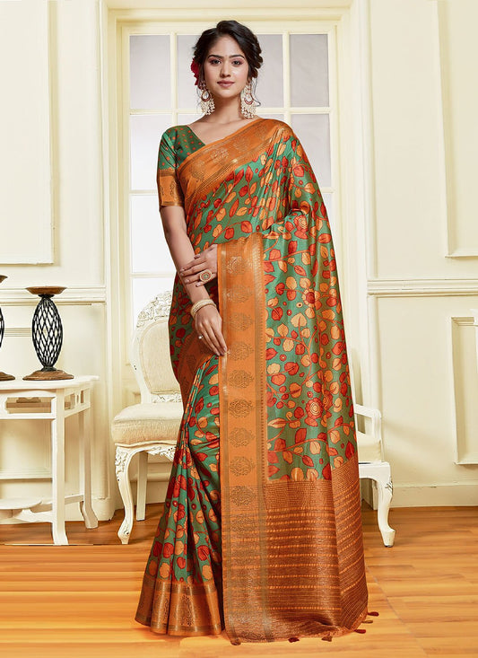 Trendy Saree Banarasi Silk Tussar Silk Green Orange Digital Print Saree