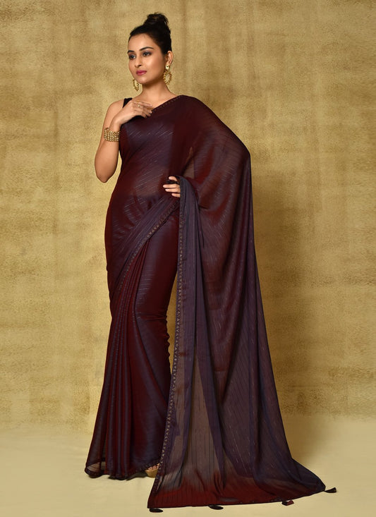 Trendy Saree Fancy Fabric Wine Digital Print Saree