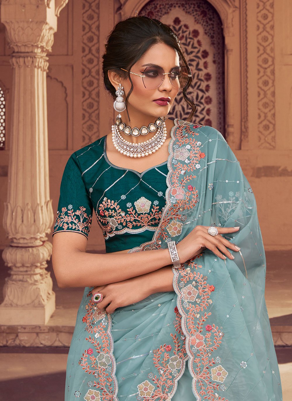 Trendy Saree Organza Aqua Blue Crystals Saree