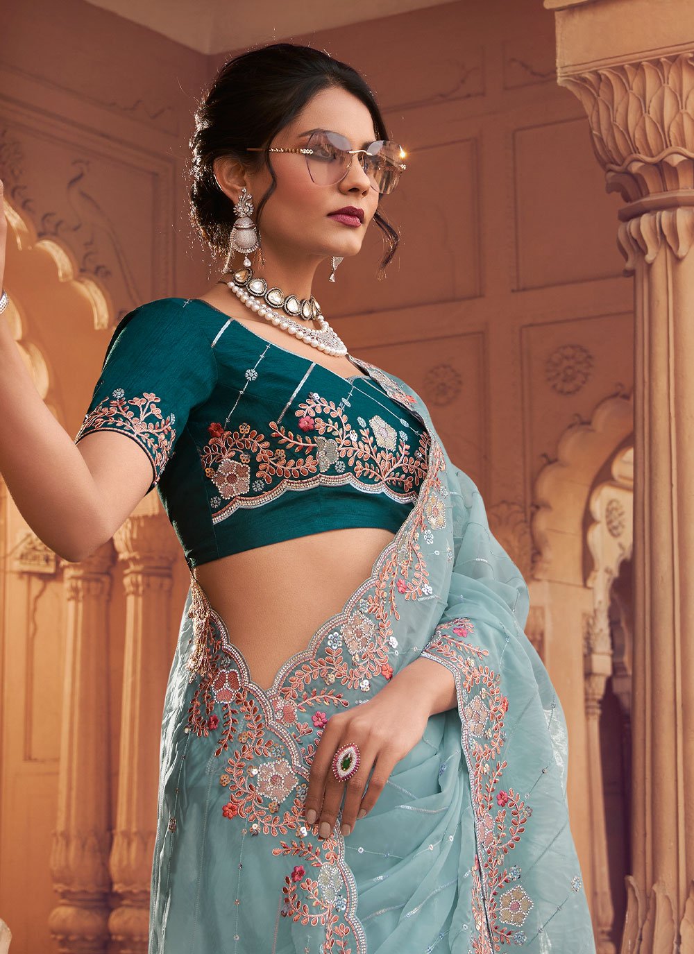 Trendy Saree Organza Aqua Blue Crystals Saree