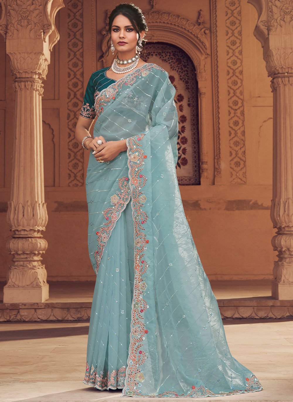 Trendy Saree Organza Aqua Blue Crystals Saree