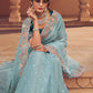 Trendy Saree Organza Aqua Blue Crystals Saree