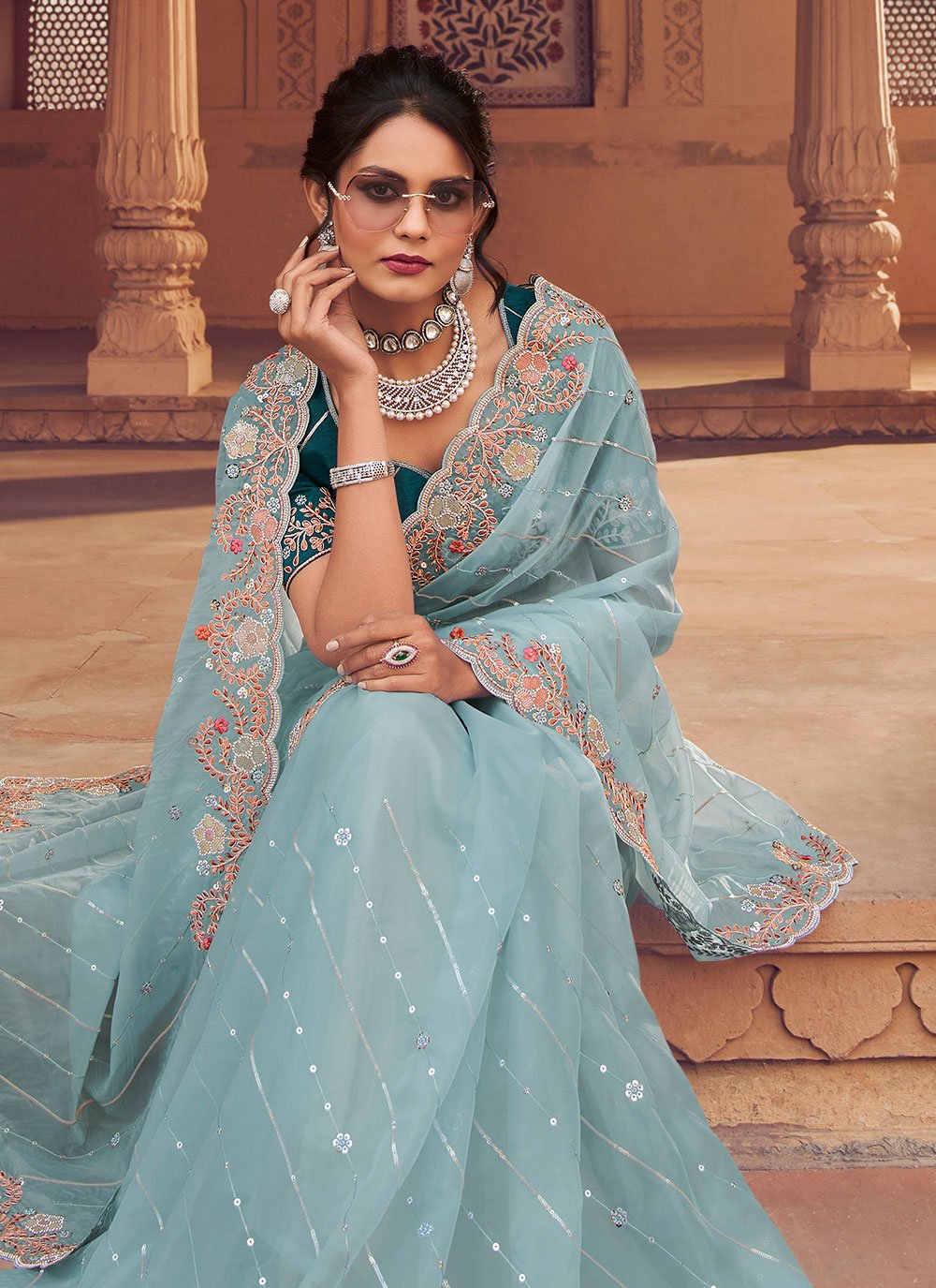 Trendy Saree Organza Aqua Blue Crystals Saree