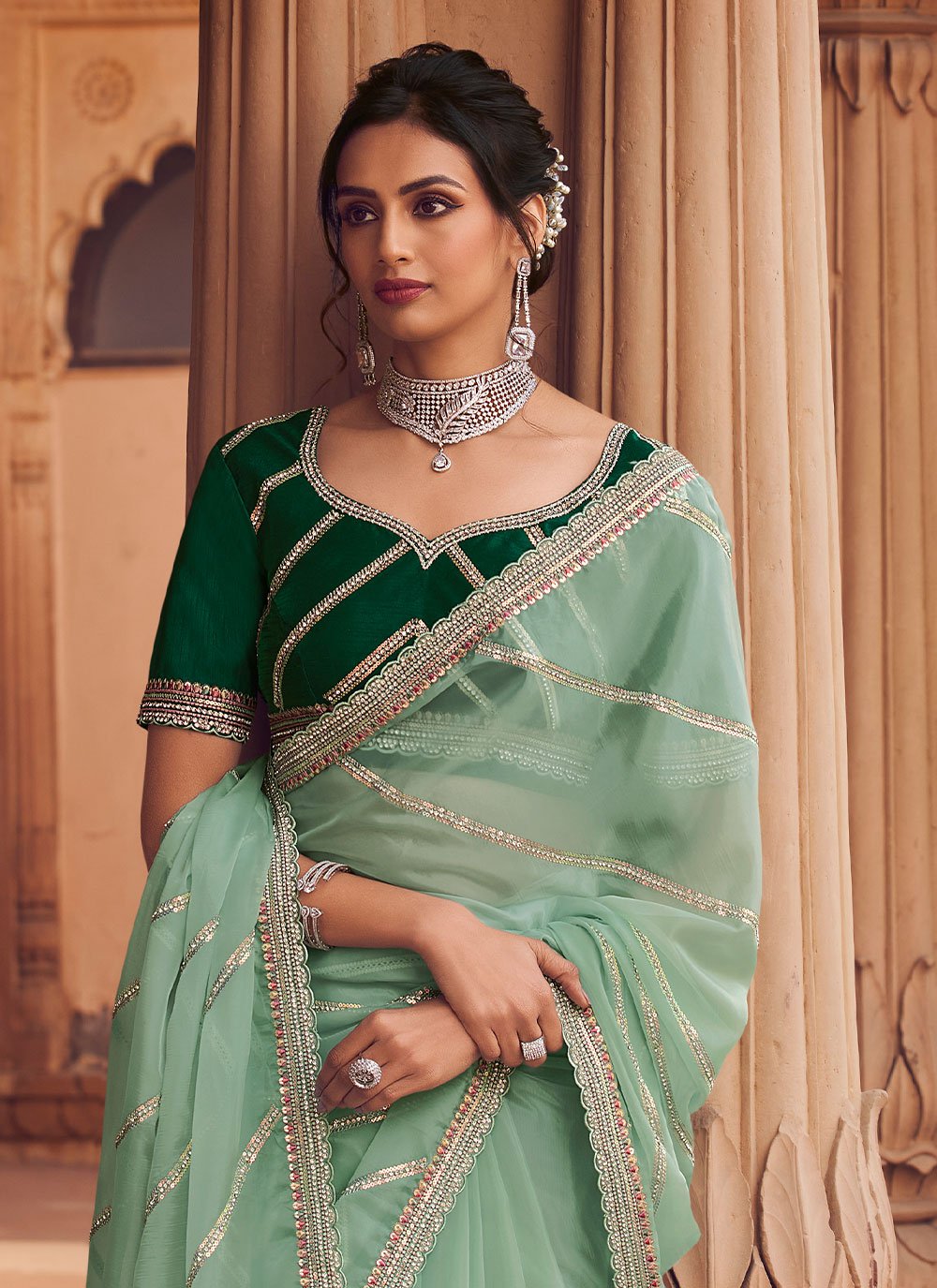 Trendy Saree Organza Sea Green Crystals Saree